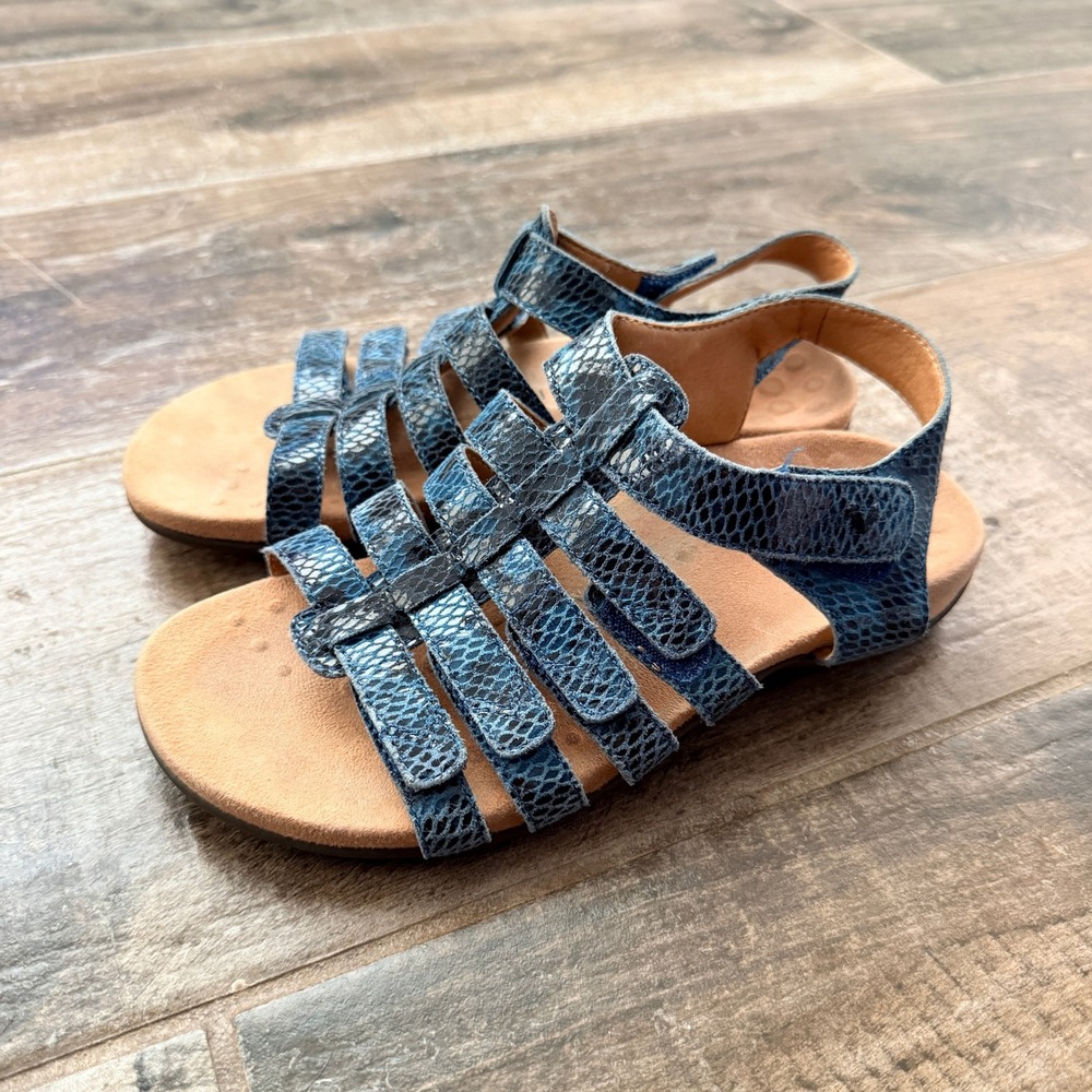 Vionic Women's Harissa Snake Embossed‎ Leather Gladiator Sandals,Blue , 5